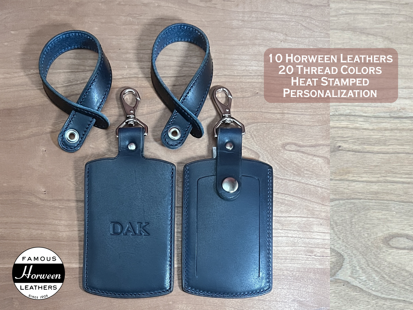 Horween Leather Luggage Tags handmade to order by Custom Leather and Pen in Houston, Texas. Pictured is Cobalt Blue Horween leather with nickel finished hardware.