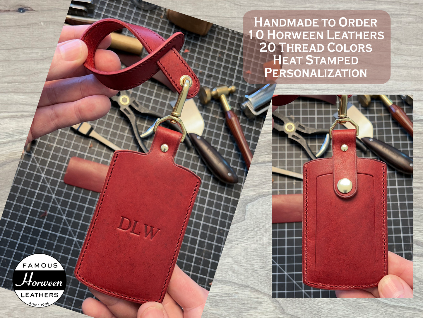 Handmade Luggage Tag in London Red Horween leather with brass hardware. Made by Custom Leather and Pen in Houston, Texas