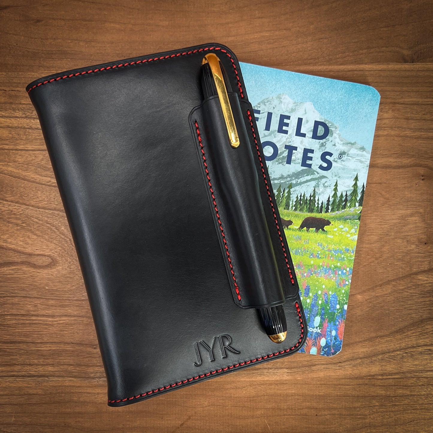 Handmade Field Notes Cover in Black CXL Horween Leather with Red Stitching and Cartier Pen