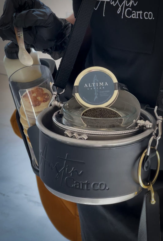 Skipper’s Pro Caviar Service Belt in black leather for roaming caviar catering events.