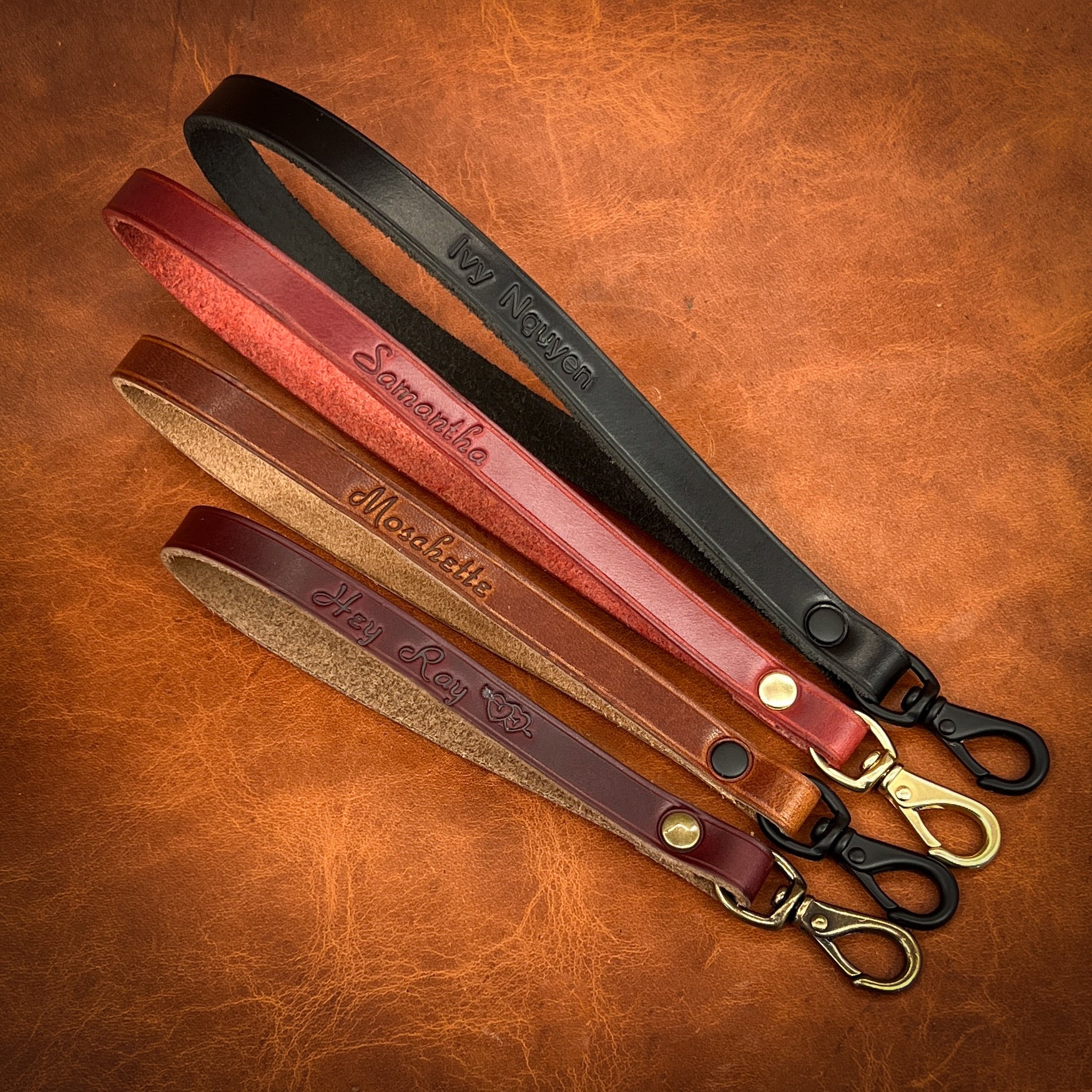 Handmade Leather Wristlet Keychains and Handbag Straps in Horween Leather by Custom Leather and Pen