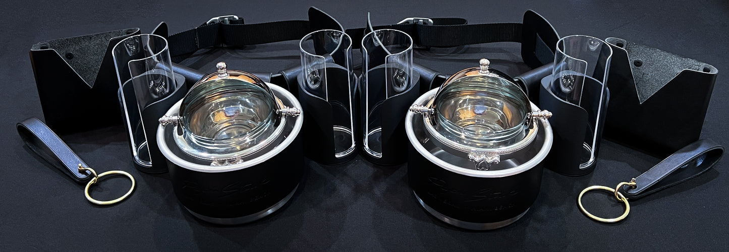 Two Mobile Caviar Catering Service Belts with Rolltop Caviar Serving Dishes, Blini Holders, Napkin Holders and Towel Holders. Handmade in Black Horween Illini leather by Custom Leather and Pen in Houston, Texas.