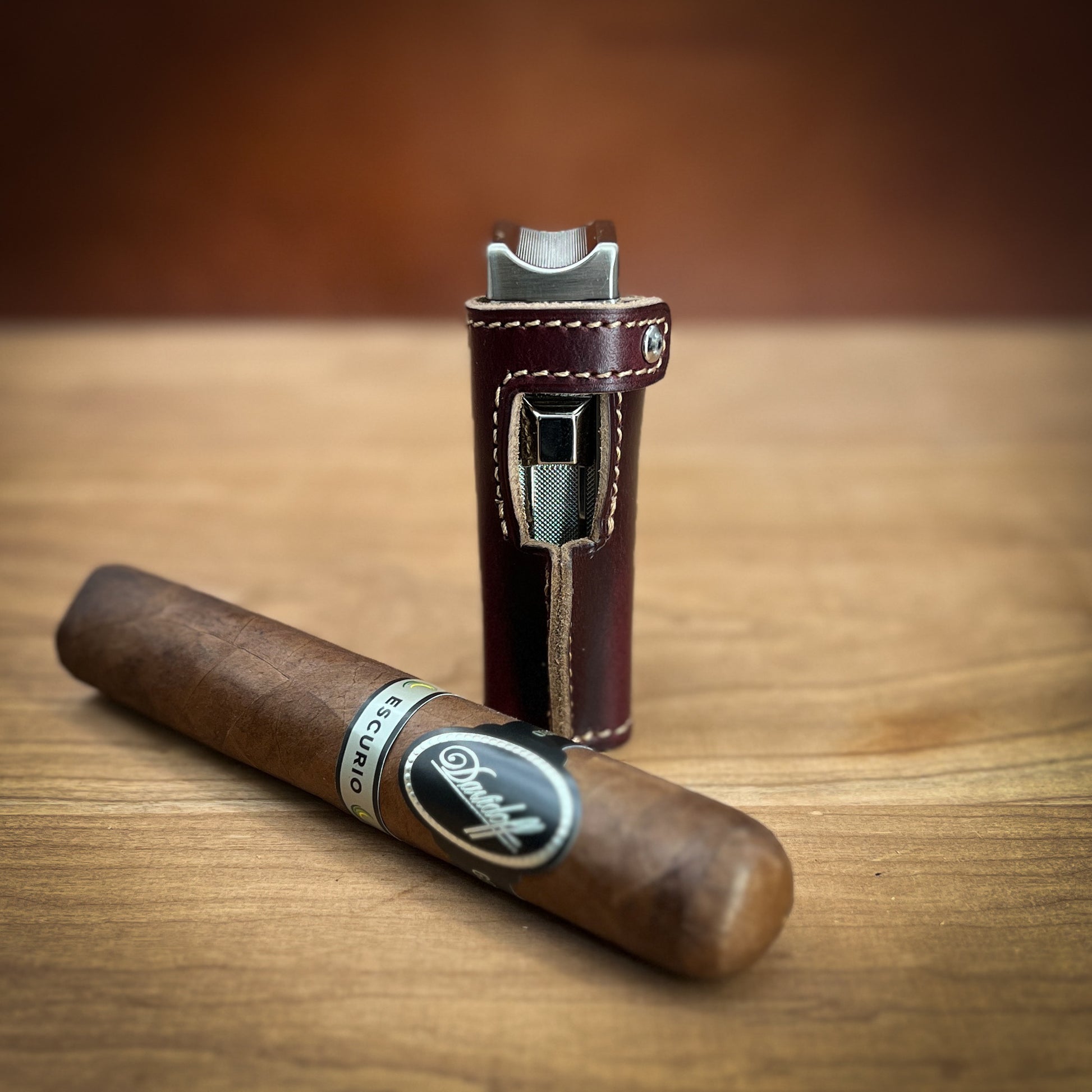 Front View of the Custom Leather Cigar Lighter Case in Number 8 Horween Leather with Beige Stitching.  Handmade to order by Custom Leather and Pen in Houston, TX