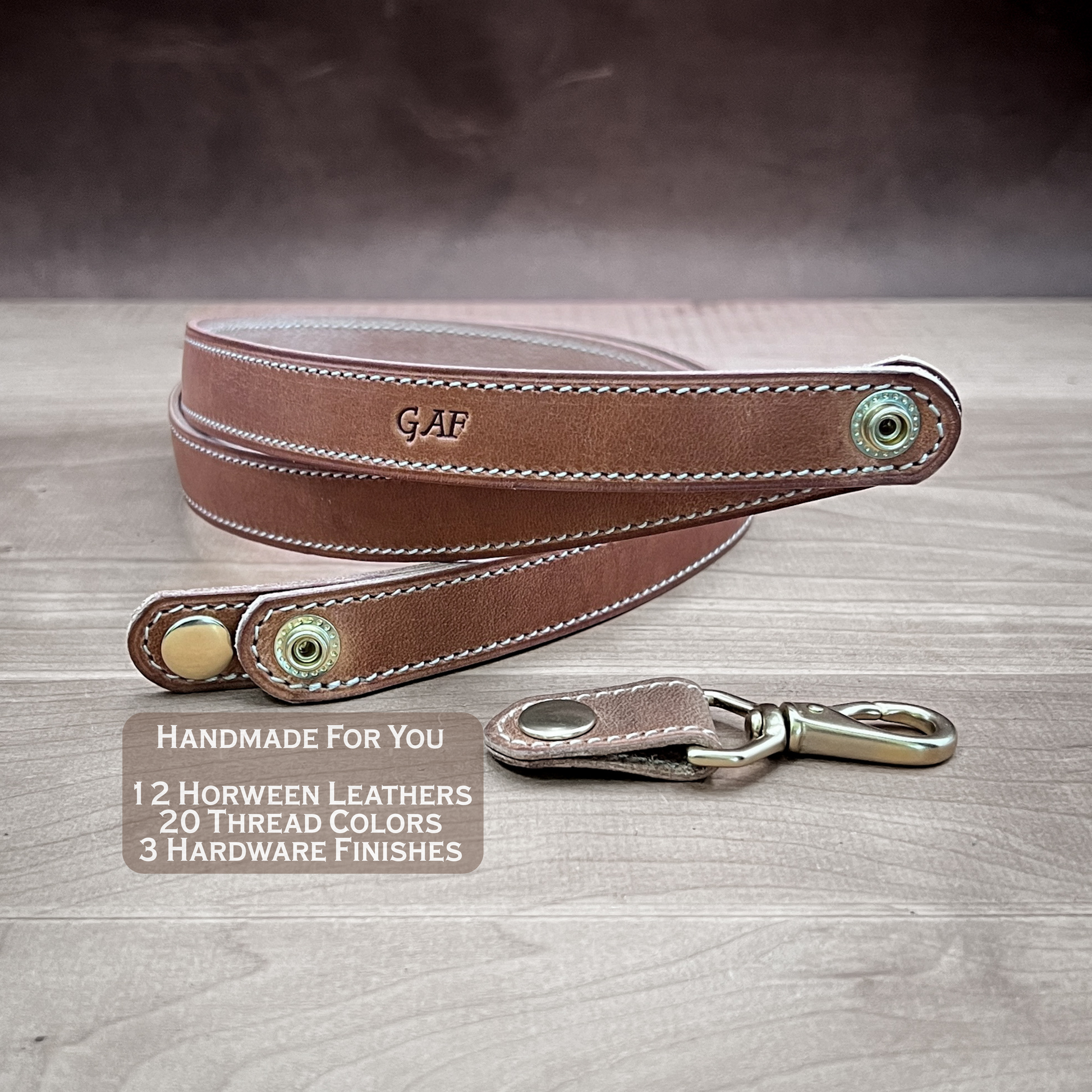 Horween leather neck lanyard with brass snap and removable swivel snap.