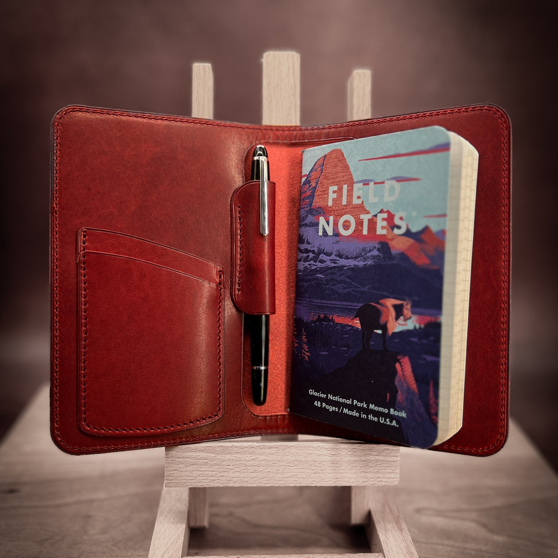 Custom Red Horween Leather Pocket Notebook Cover with 2 interior pockets.