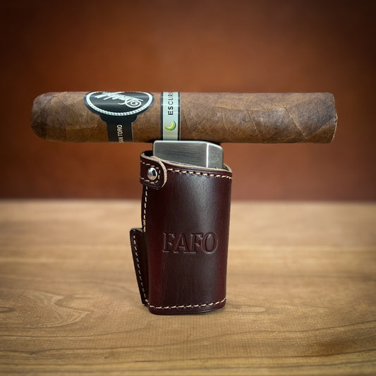 Custom Leather Cigar Lighter Case in Number 8 Horween Leather with Beige Stitching.  Handmade to order by Custom Leather and Pen in Houston, TX