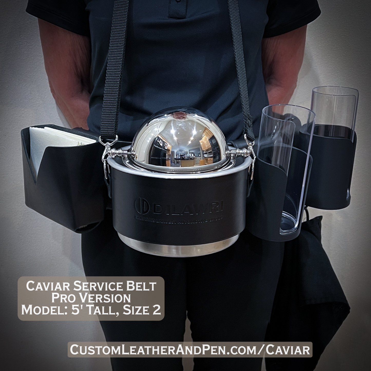 Caviar Catering Belt with roll top caviar dish, two blini holders, napkin holder and towel holder. Handmade to order in Black Horween Illini by CustomLeatherAndPen in Houston, Texas.