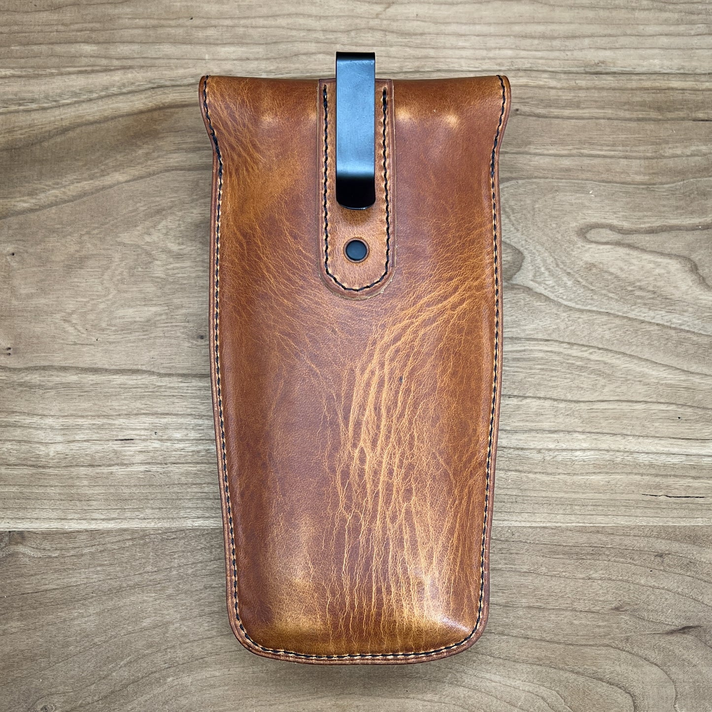 Back side of Handmade Leather EpiPen Case showing standard belt clip.
