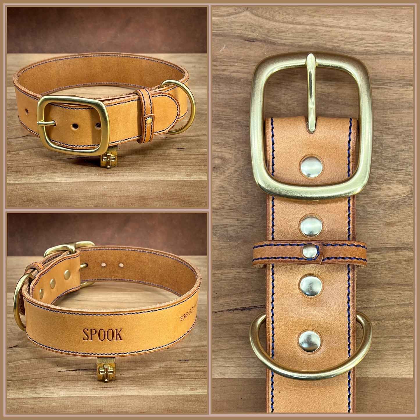 Natural Vegtan Leather Dog Collar. Handmade for large dogs with name, phone number and brass hardware.