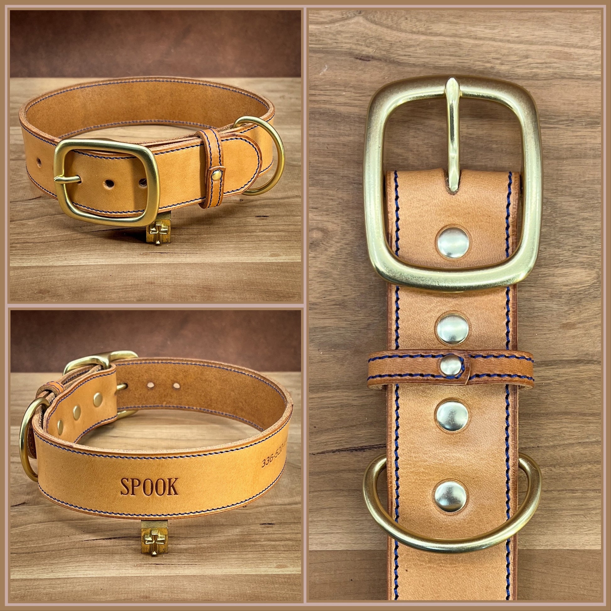 Natural Vegtan Leather Dog Collar.  Handmade for large dogs with name, phone number and brass hardware.