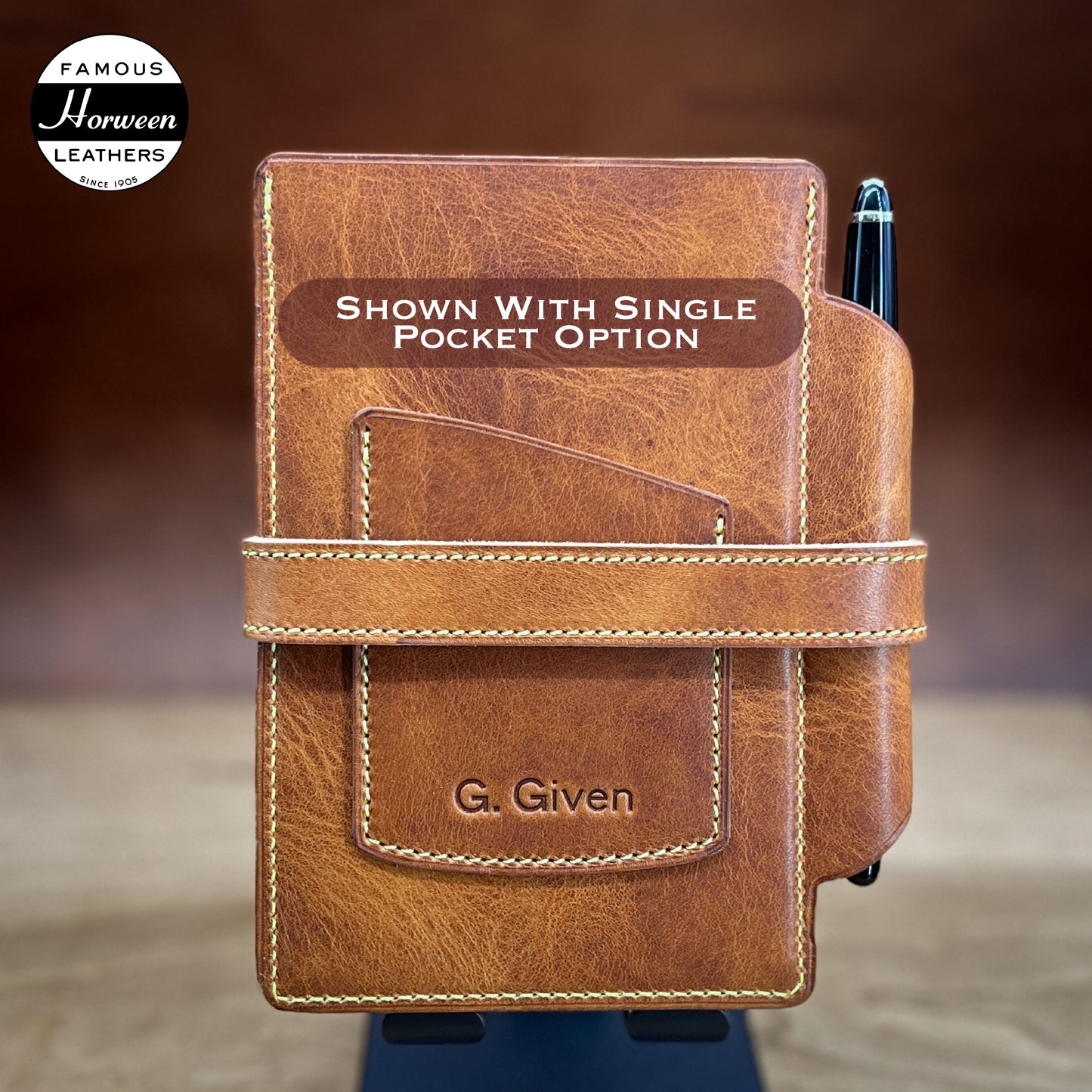 Single pocket version of the Handmade Jotter Style Cover for Field Notes Heavy Duty Flip Notebook in English Tan Horween Leather