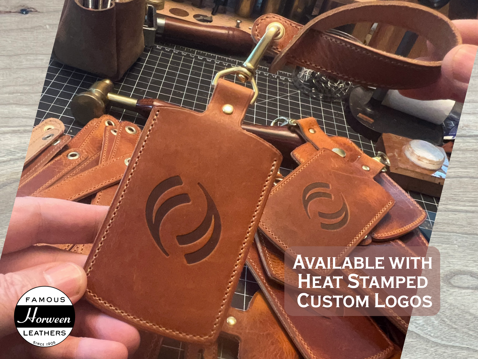 Handmade Luggage Tag in English Tan Horween leather with brass hardware and TC Energy Corporate Logo