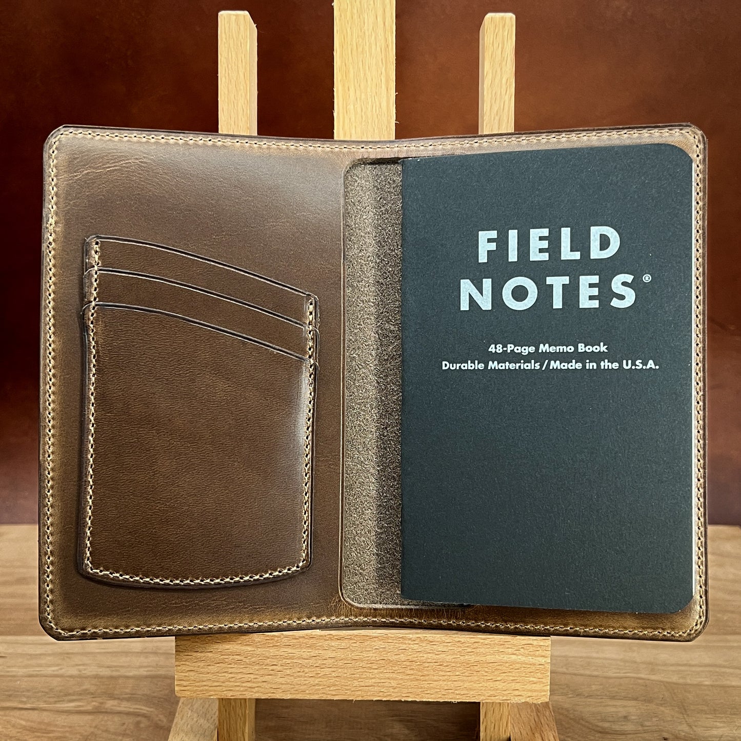 Interior of the Horween Leather Notebook Cover for Pocket Sized Notebooks including Field Notes. Made with Natural CXL Horween leather. Handmade by Custom Leather and Pen