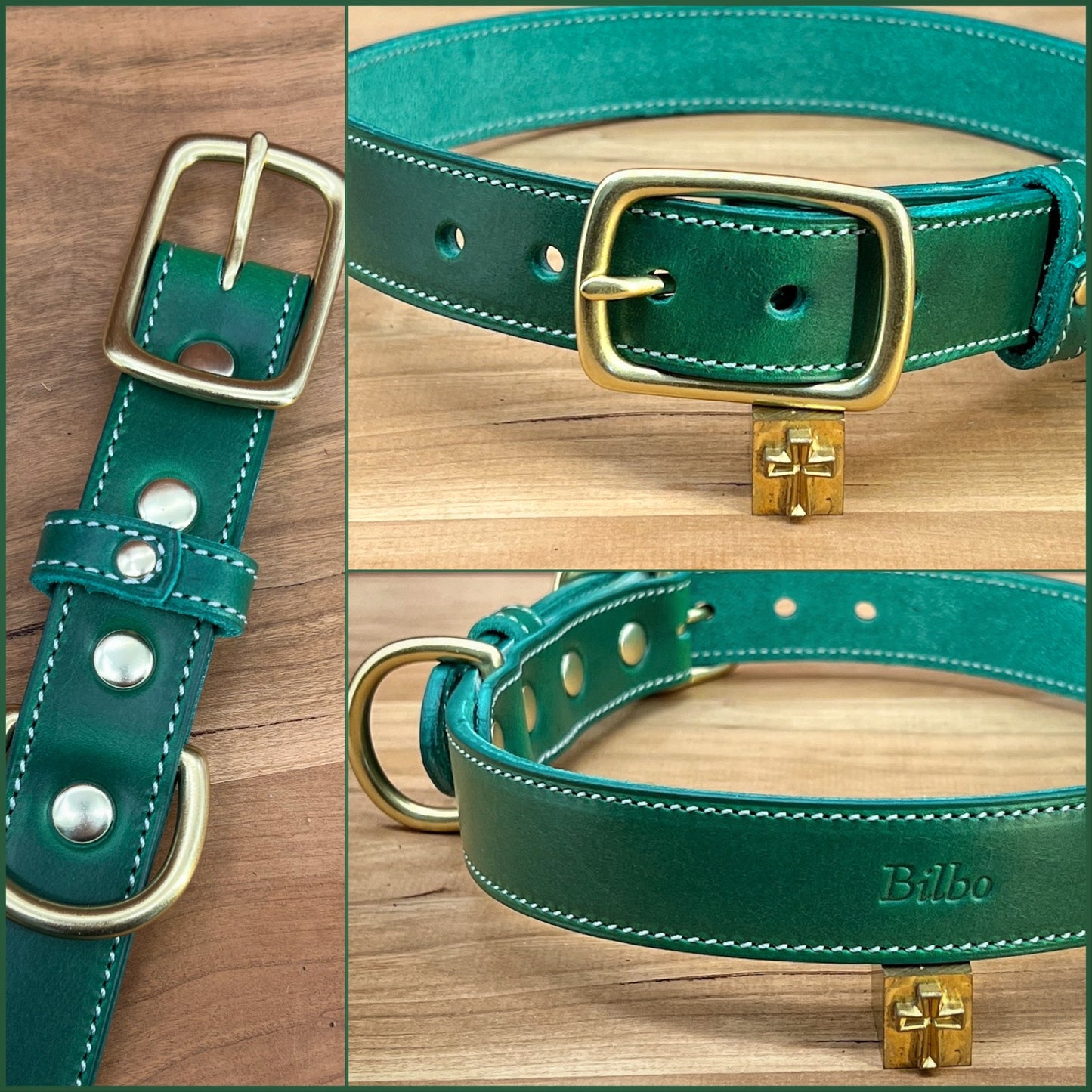 Handmade Leather Dog Collar with Name and Phone Number in Horween Leather.