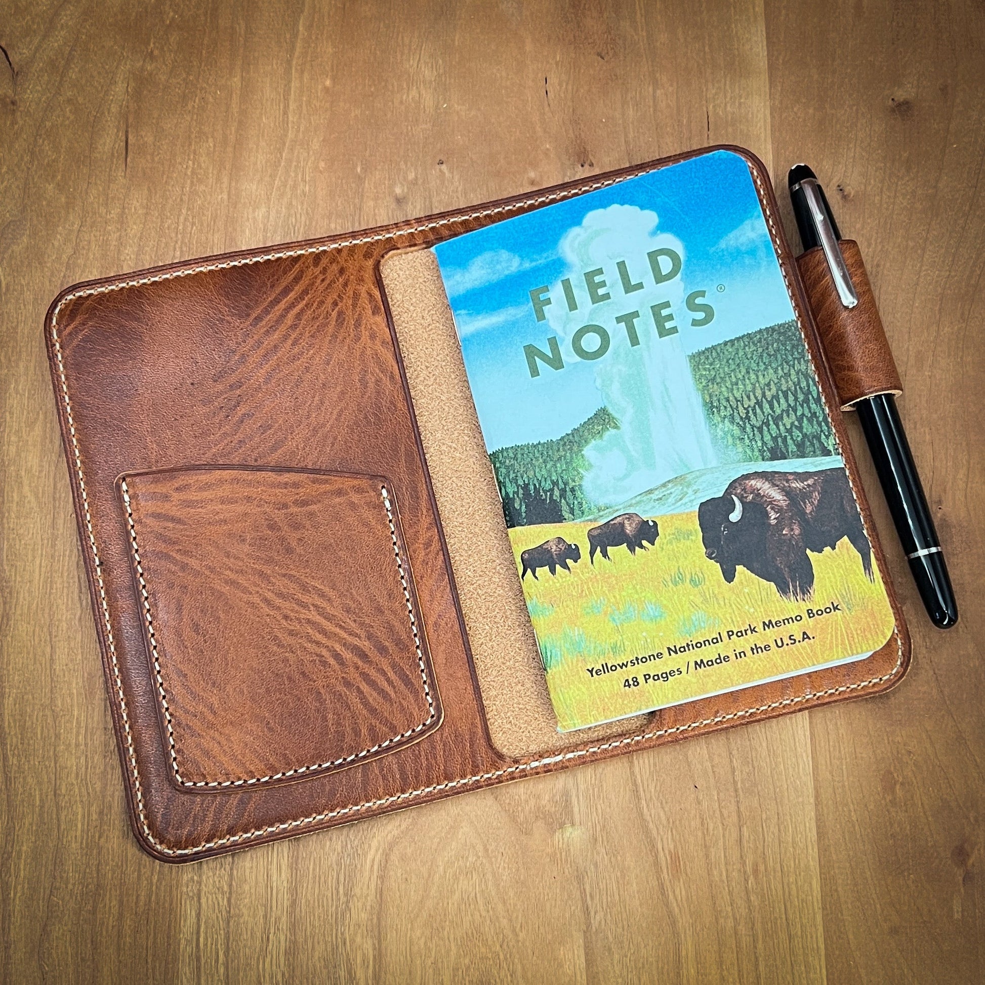 English Tan Leather Field Notes Cover with Beige Stitching and Montblanc Pen in Pen Holder