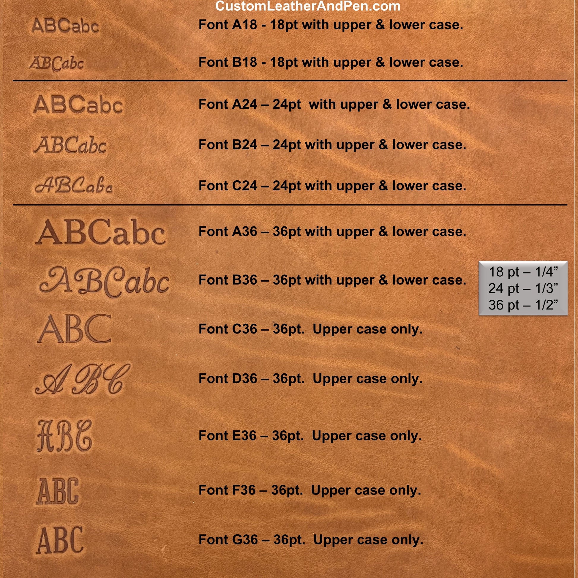 Heat Stamp Font Options for Custom Leather and Pen Leather Shop in Houston, TX