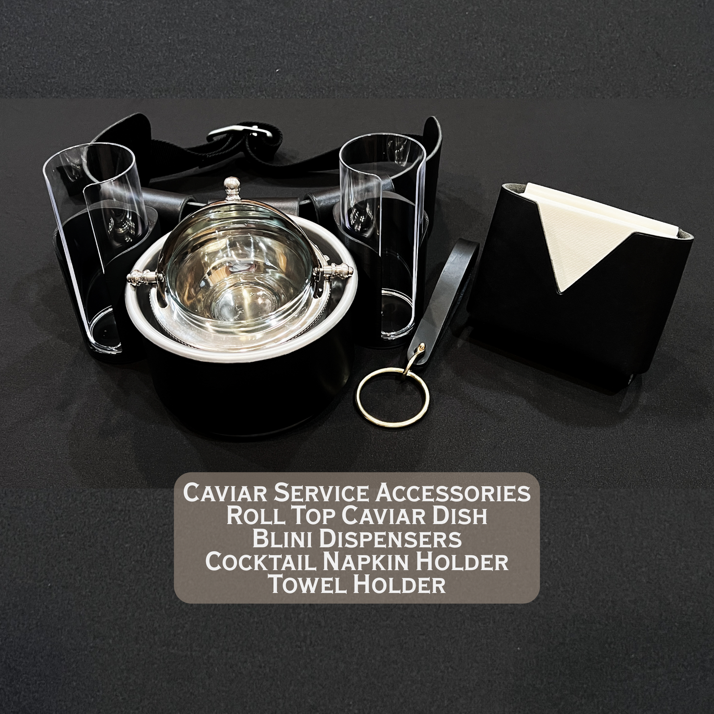 Roving Caviar Service Belt in Black Illini Horween leather with napkin holder and towel holder