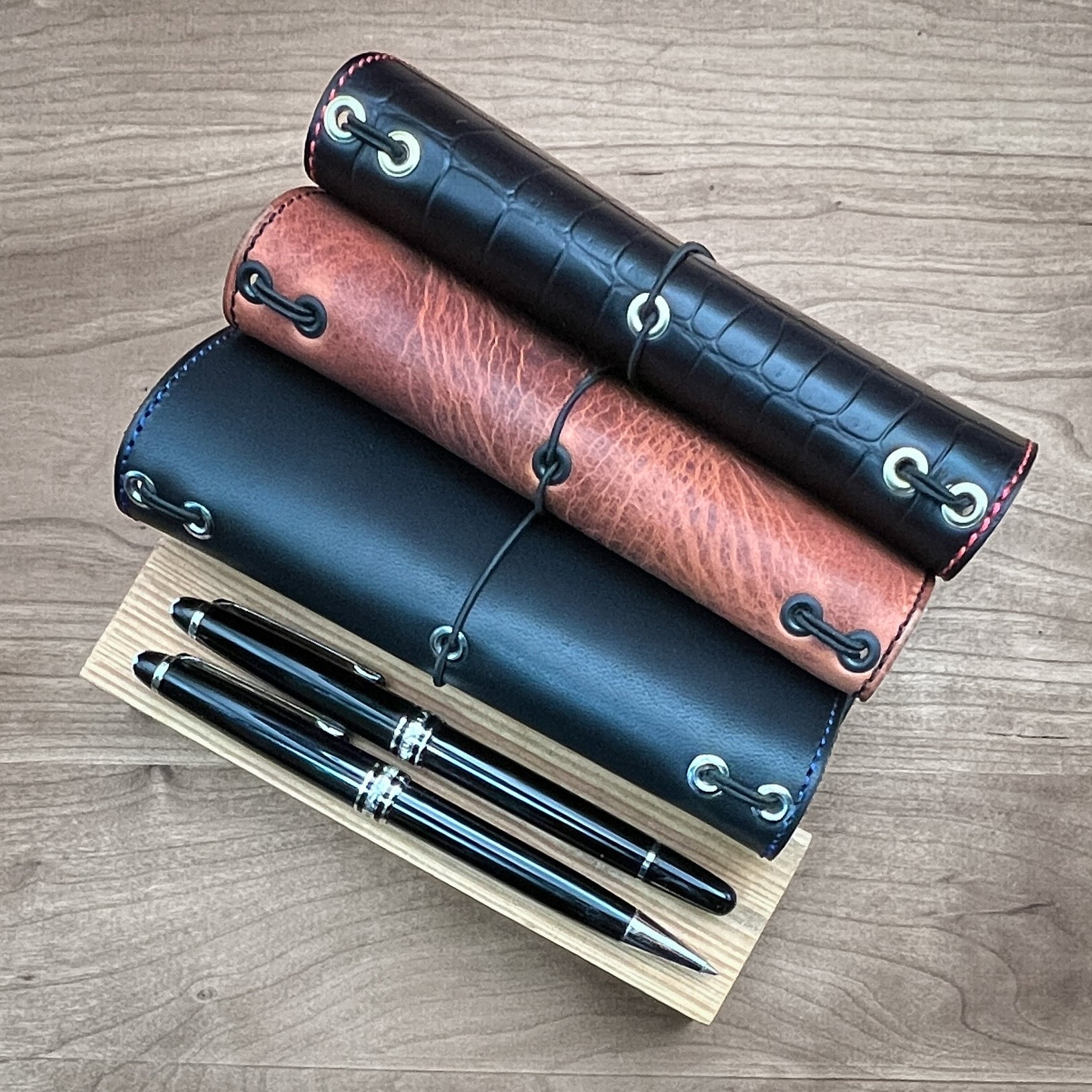 Brass, Black and Nickel finished rivets on Horween Leather Traveler’s Notebook