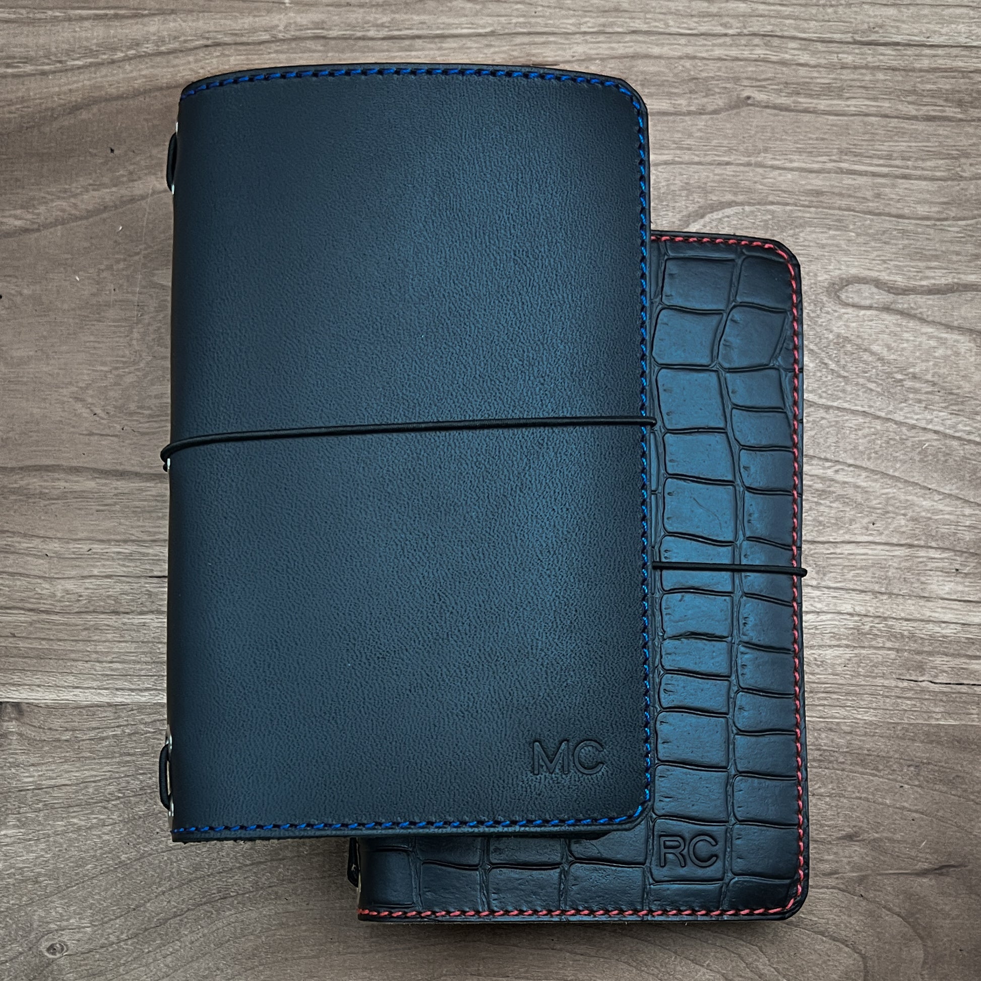 Pocket Sized Traveler’s Notebooks in Black Latigo and Black Alligator Print Horween Leather