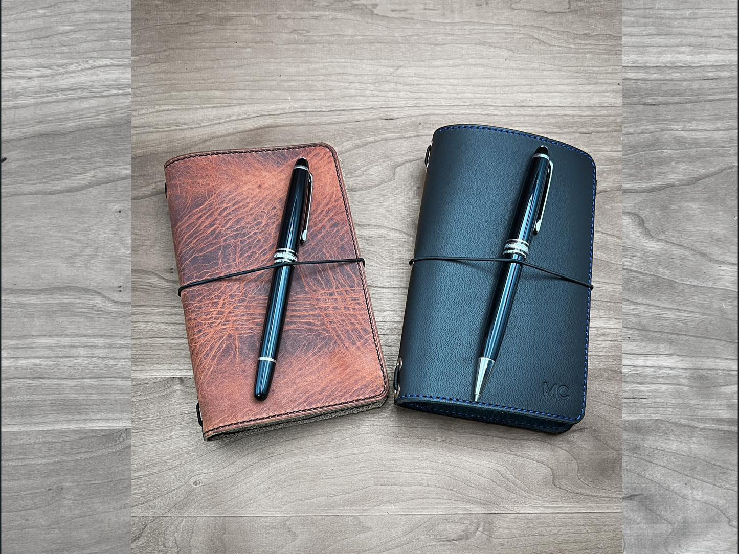 Handmade Travelers Notebook in English Tan Horween and Black Latigo Horween Leather