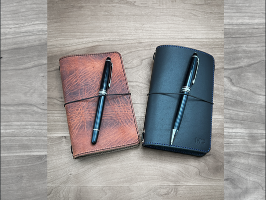 Handmade Travelers Notebook in English Tan Horween and Black Latigo Horween Leather