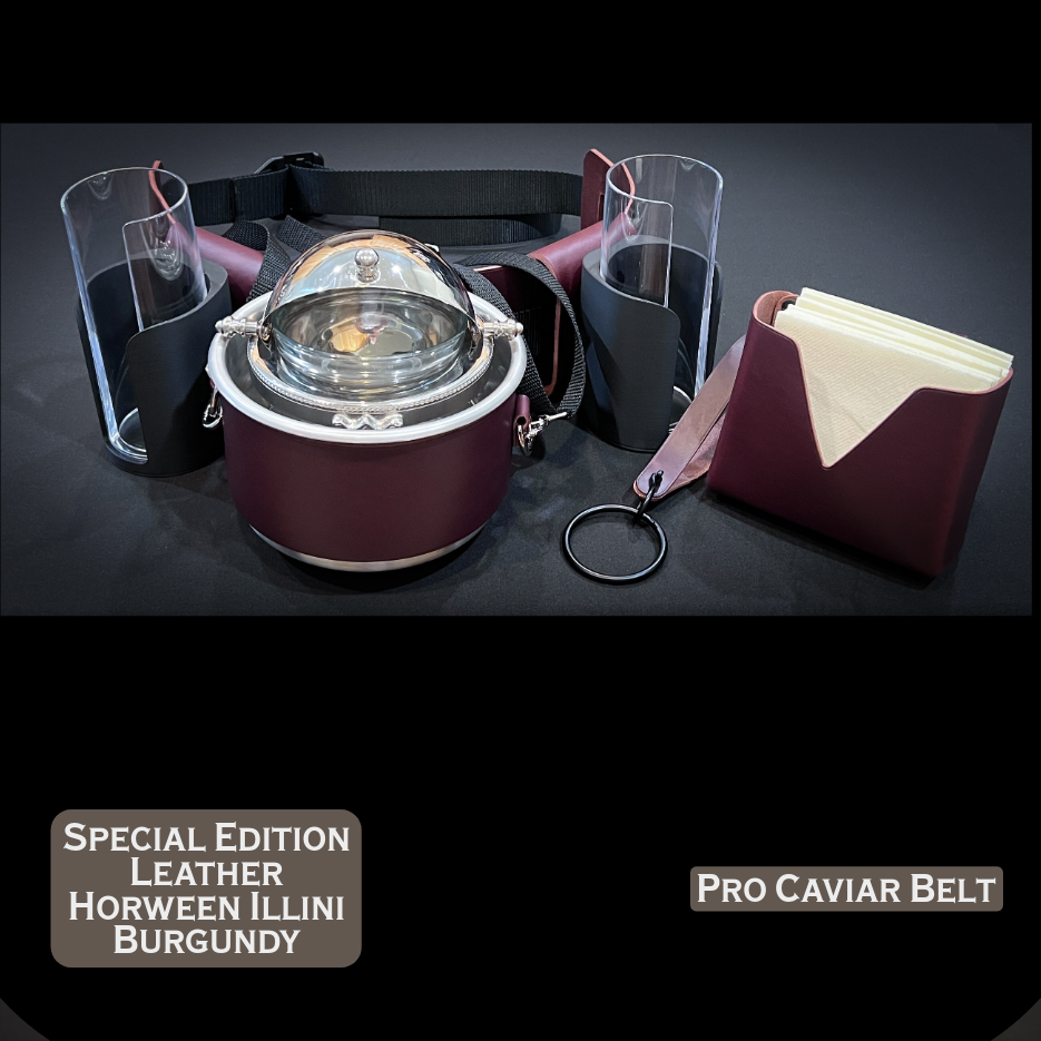 Burgundy leather caviar belt with accessories handmade by Custom Leather and Pen.