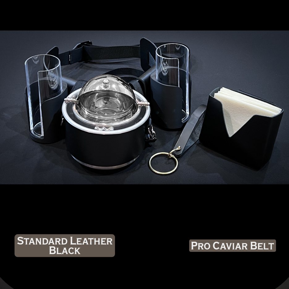 Caviar Catering Belt in black leather including a caviar dish, napkin holder, towel holder. Pro Edition handmade by Custom Leather and Pen in Houston, Texas.