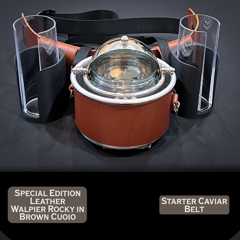 Caviar Catering Starter Belt with two blini holders on a dark background. Handmade by Custom Leather and Pen.