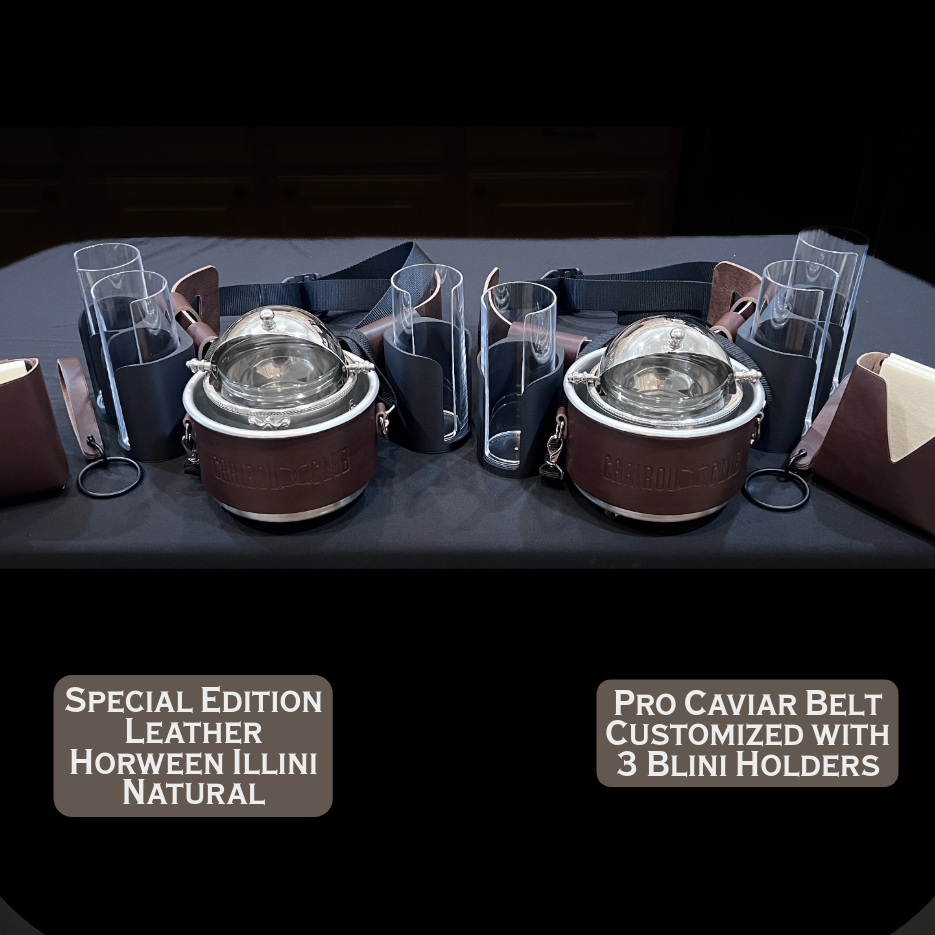 Special edition leather caviar belt for roving caviar service with blini holders on a dark surface. Handmade by Custom Leather and Pen.