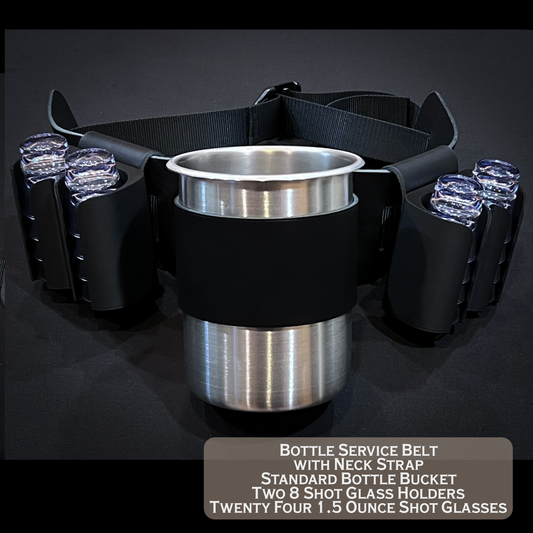 Premium Handmade Bottle Service Belt in black leather with neck strap, standard bottle bucket, two 8 shot glass holders for 1.5 ounce shot glasses in shatterproof plastic.