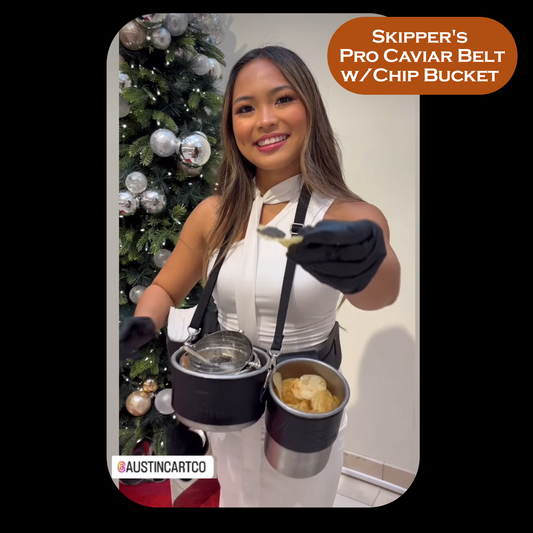 Roaming Caviar Hostess wearing Skipper's Pro Caviar Belt made in Black leather with the optional chip bucket accessory.