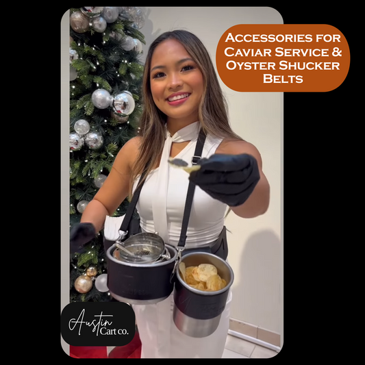 Professional Caviar Service Belt with Chip Bucket Accessory handmade in black leather by Custom Leather and Pen in Houston, Texas