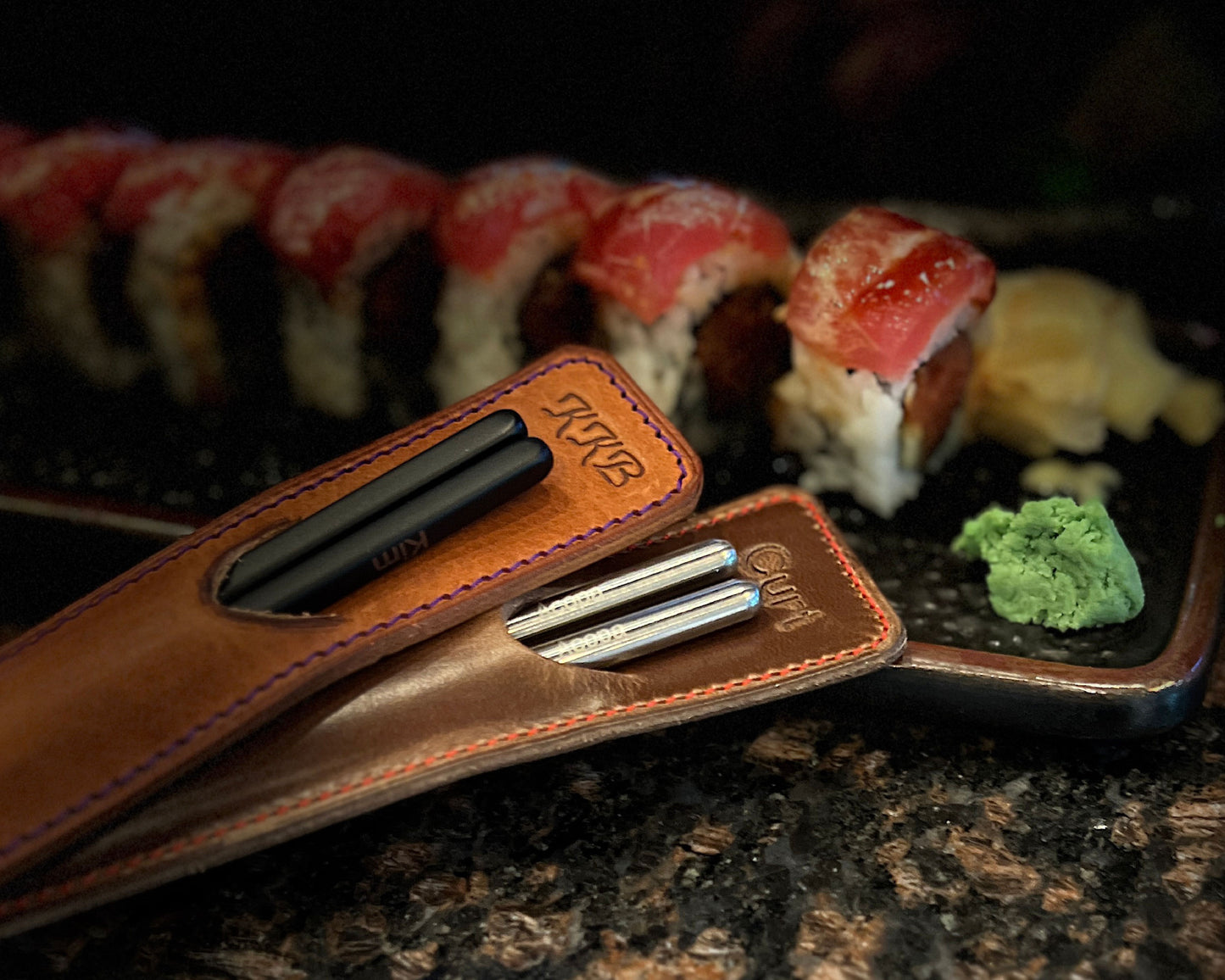handmade chopsticks travel case in horween leather, chopsticks carrying case