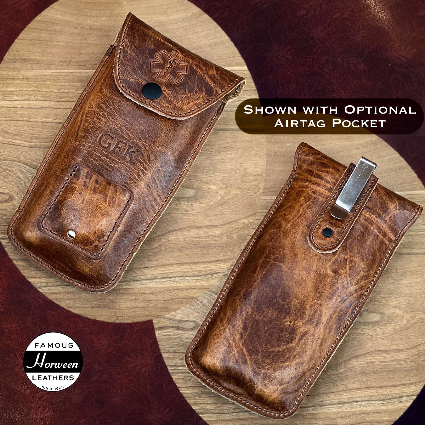 Handmade Leather EpiPen Case for 2 EpiPens with standard belt clip and Apple Airtag Pocket. Made in English Tan Horween Leather with Brown Stitching.