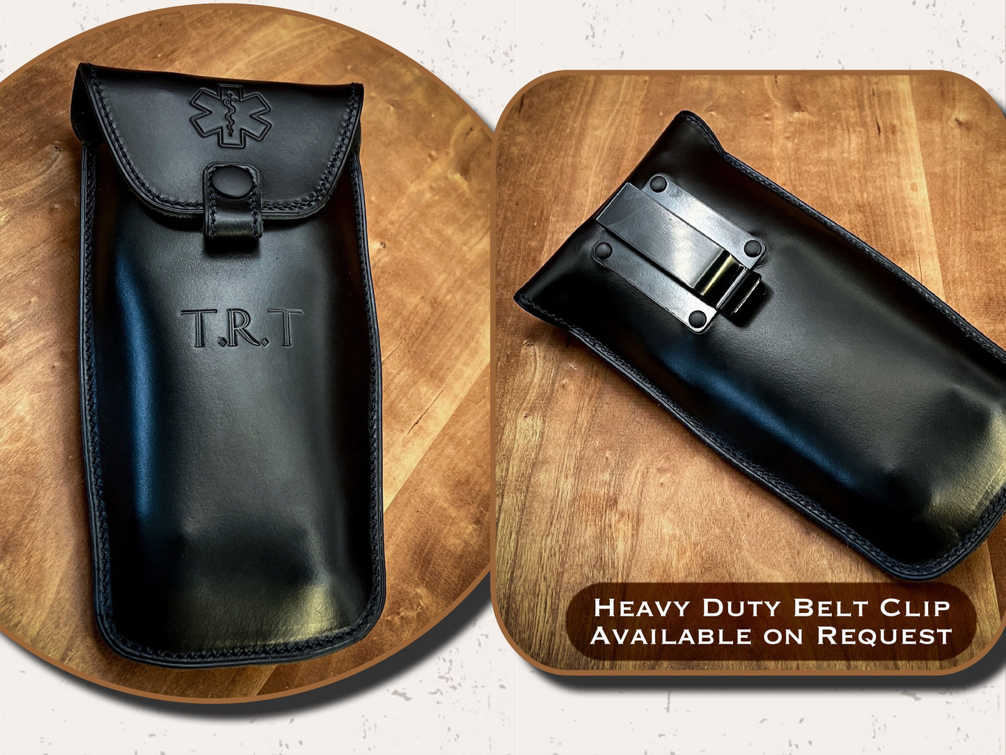 Handmade Leather EpiPen Case for 2 EpiPens with heavy duty belt clip. Made in Black CXL Horween Leather with Black Stitching.