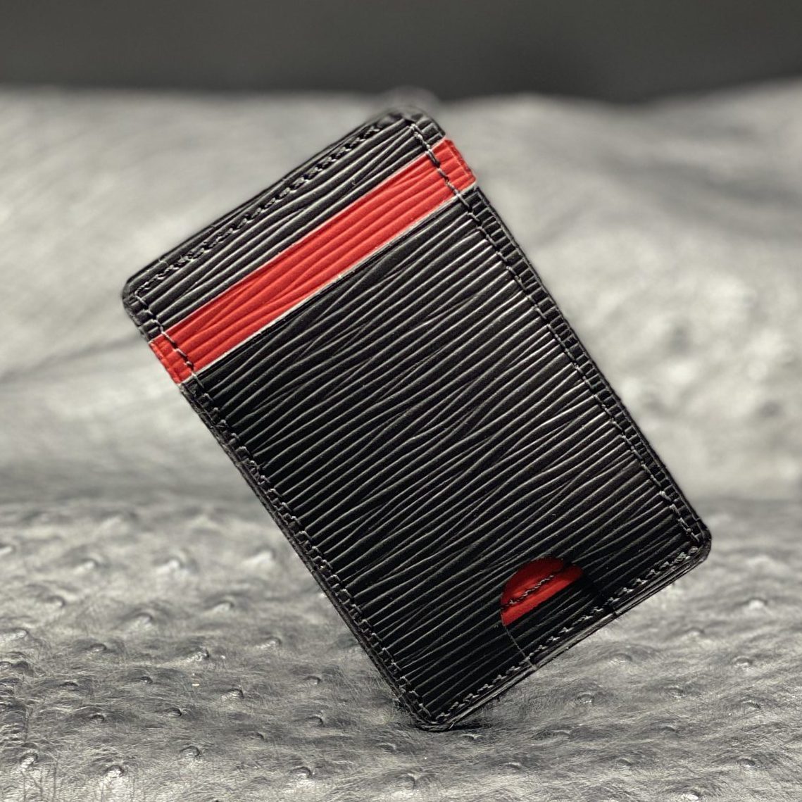 Custom Minimalist MiniMax V2 wallet in Black and Red Montebelle Epi Leather | made in Houston | Custom Leather and Pen