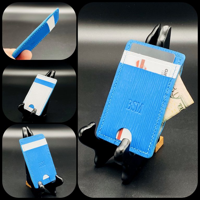 Handmade Designer MiniMax V2 wallet in Sky Blue Montebelle Epi Leather | made in Houston | Custom Leather and Pen