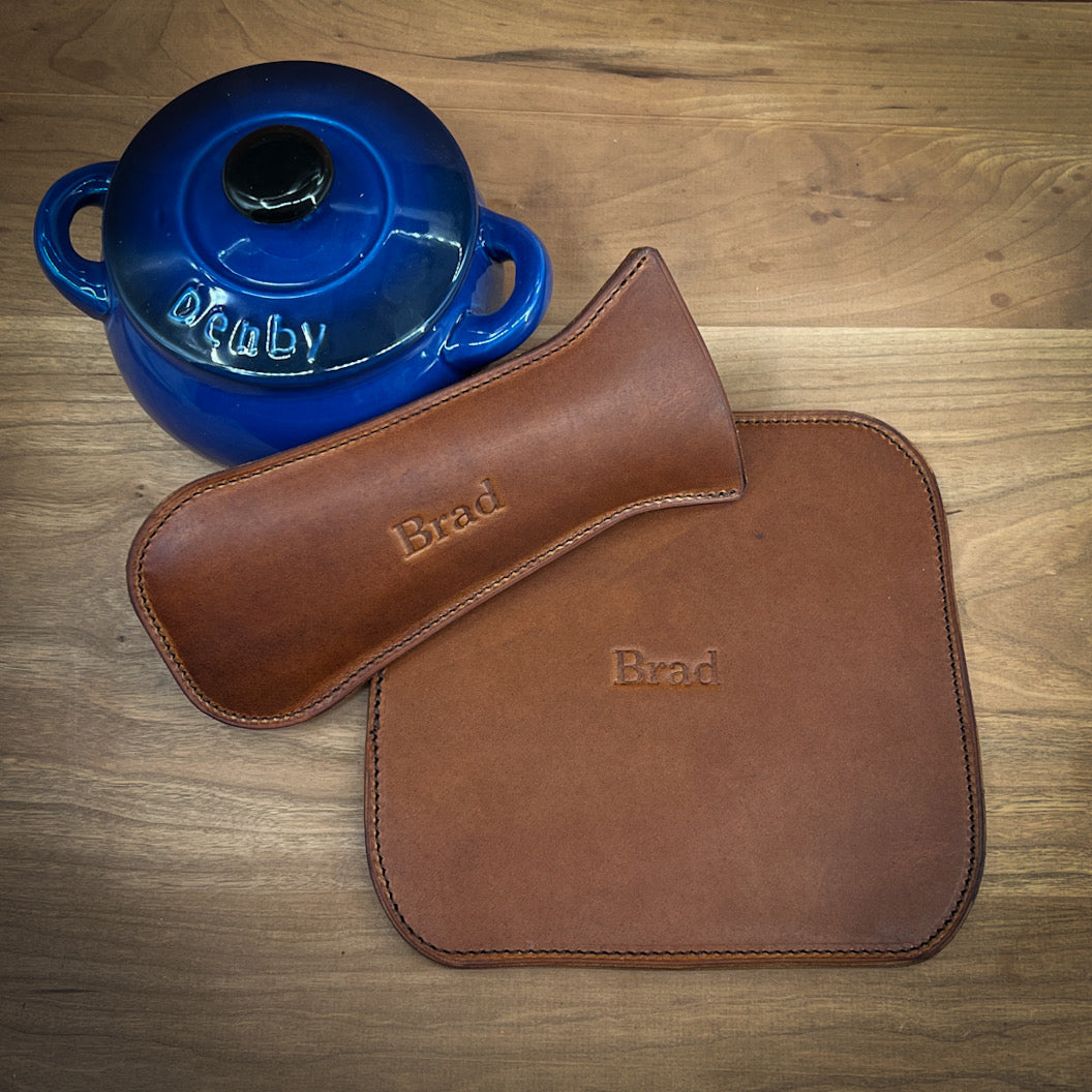 Bourbon Horween Cast Iron Skillet Handle Cover. Handmade to order in Houston, TX.