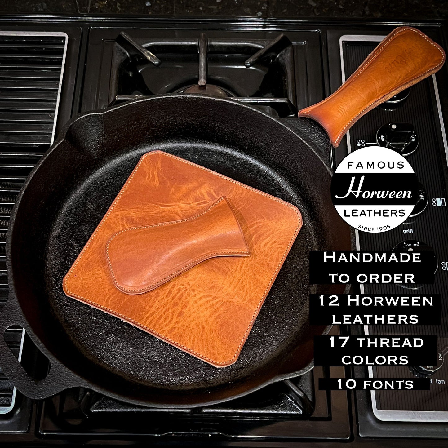 Cast Iron Skillet Handle Covers in Horween leather. Handmade to order in Houston, TX.