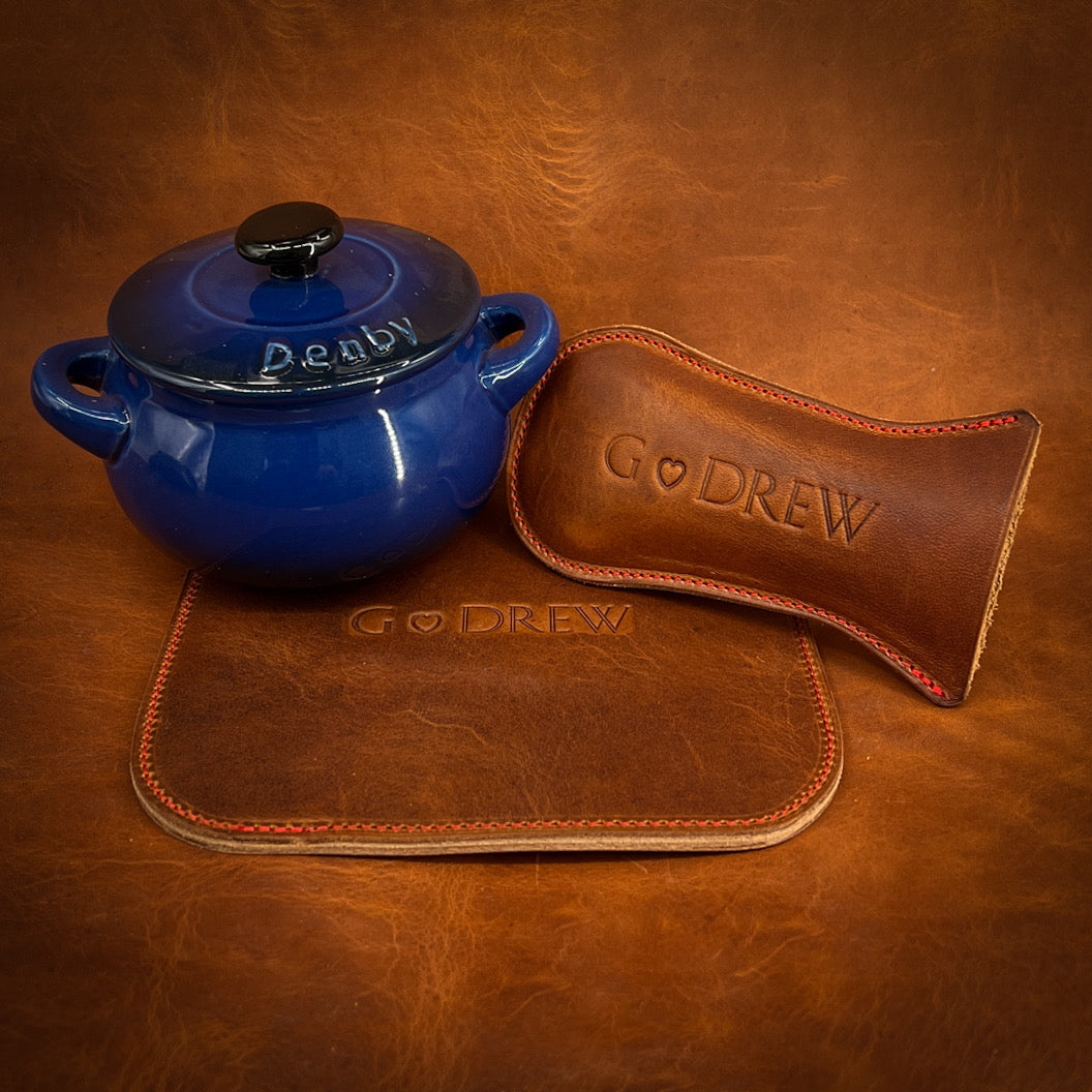 Personalized Cast Iron Skillet Handle Covers in Horween leather. Handmade to order in Houston, TX.