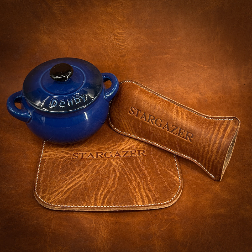 Cast Iron Skillet Handle Covers in English Tan Horween leather. Handmade to order in Houston, TX.