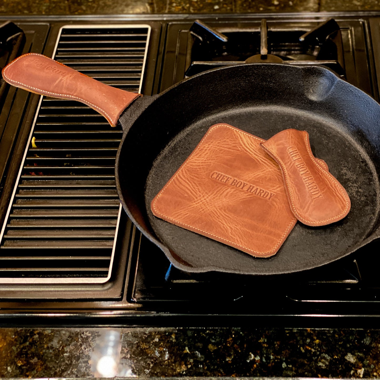 Custom Cast Iron Skillet Handle Covers in Horween leather. Handmade to order in Houston, TX.