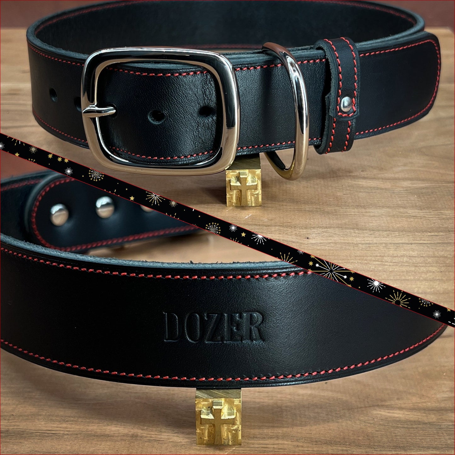 Large Dog Collar in Handmade in Black Horween Leather with Red Stitching with Nickel Hardware.