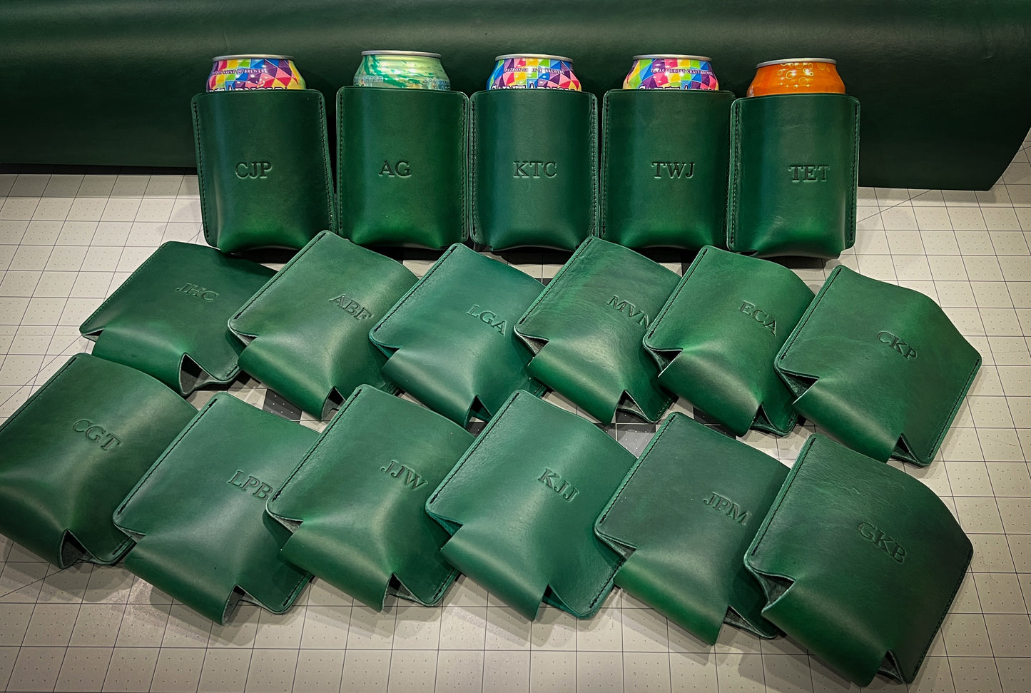 Personalized Golf Tournement Koozies in Green Horween Leather