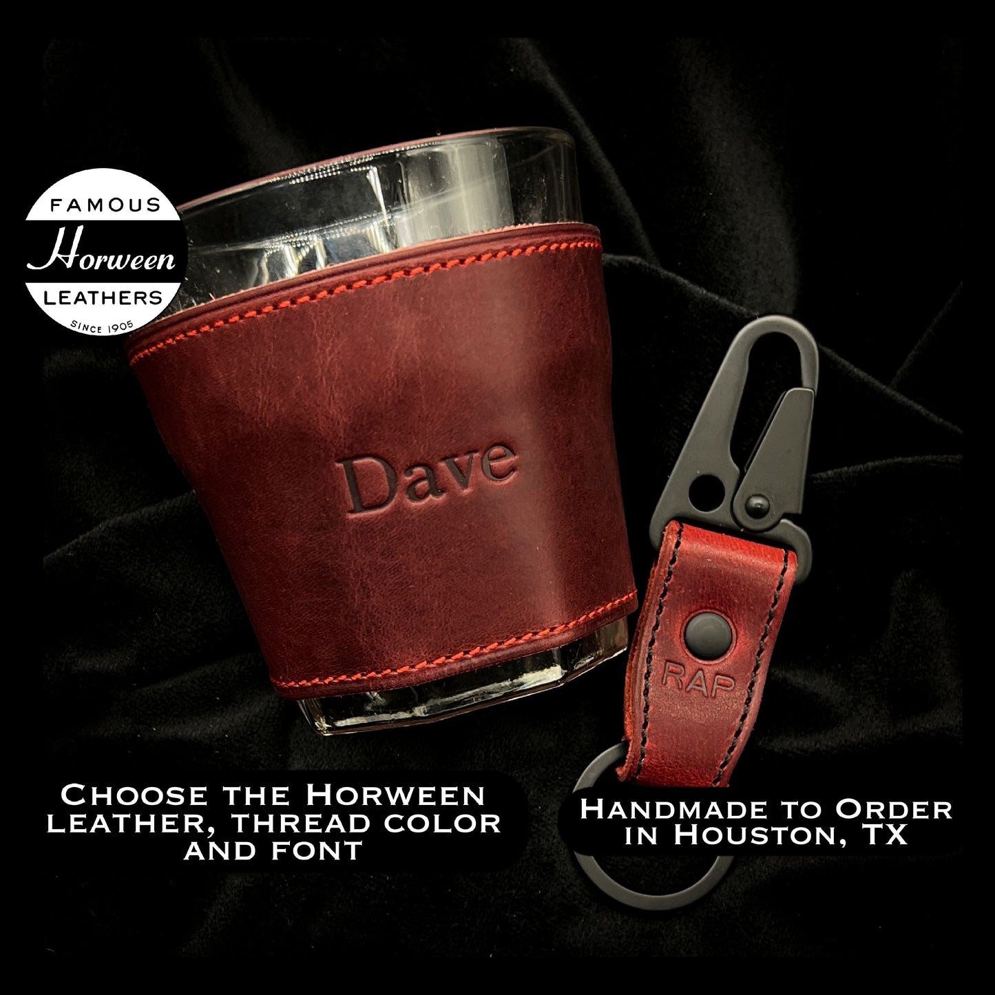 Custom Drink Glasses in Horween Leather.  Personalized and Handmade to Order by Leather and Pen in Houston, TX