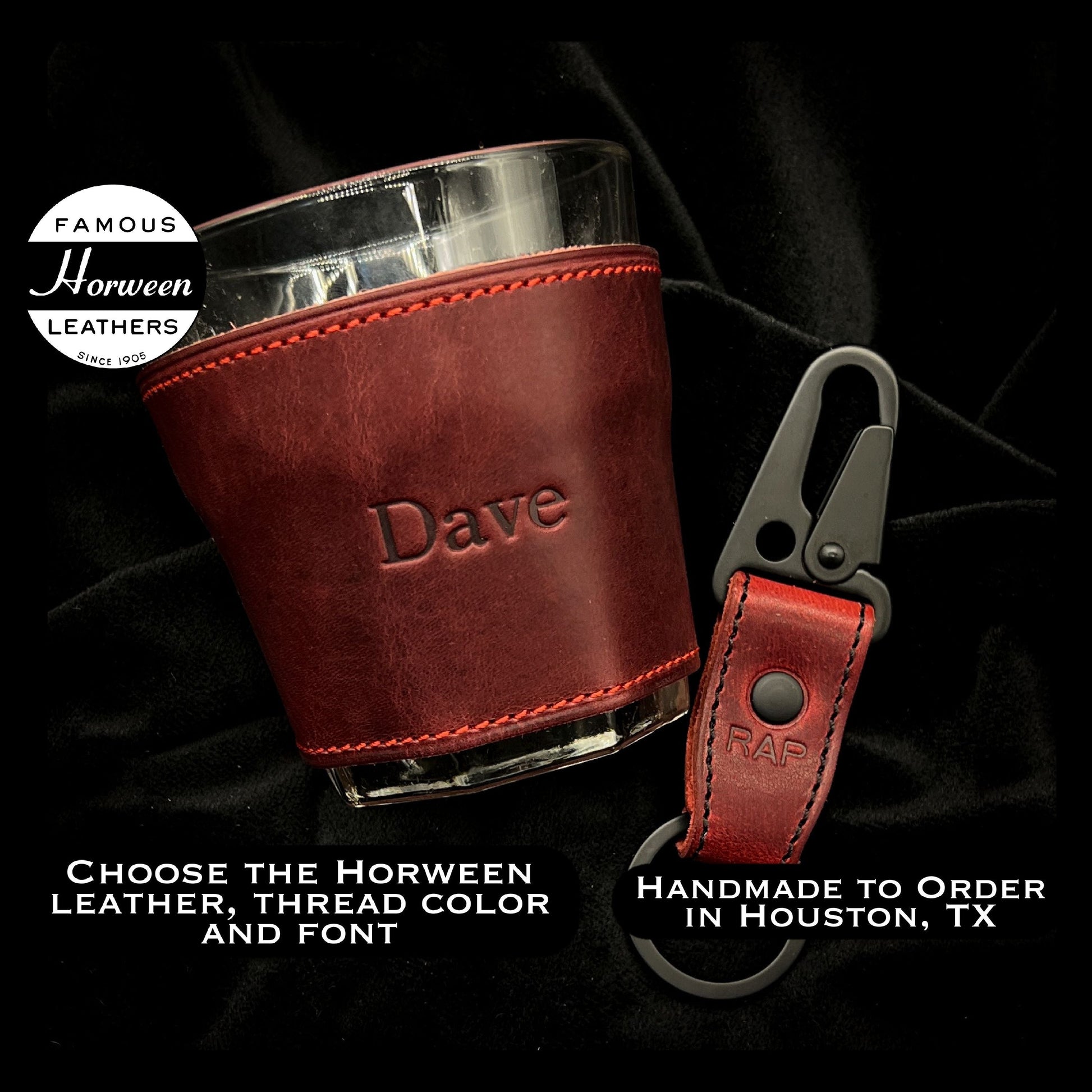 Custom Drink Glasses in Horween Leather.  Personalized and Handmade to Order by Leather and Pen in Houston, TX