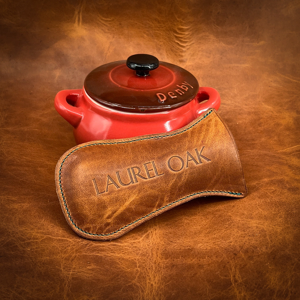 English Tan Horween Cast Iron Skillet Handle Cover. Handmade to order in Houston, TX.