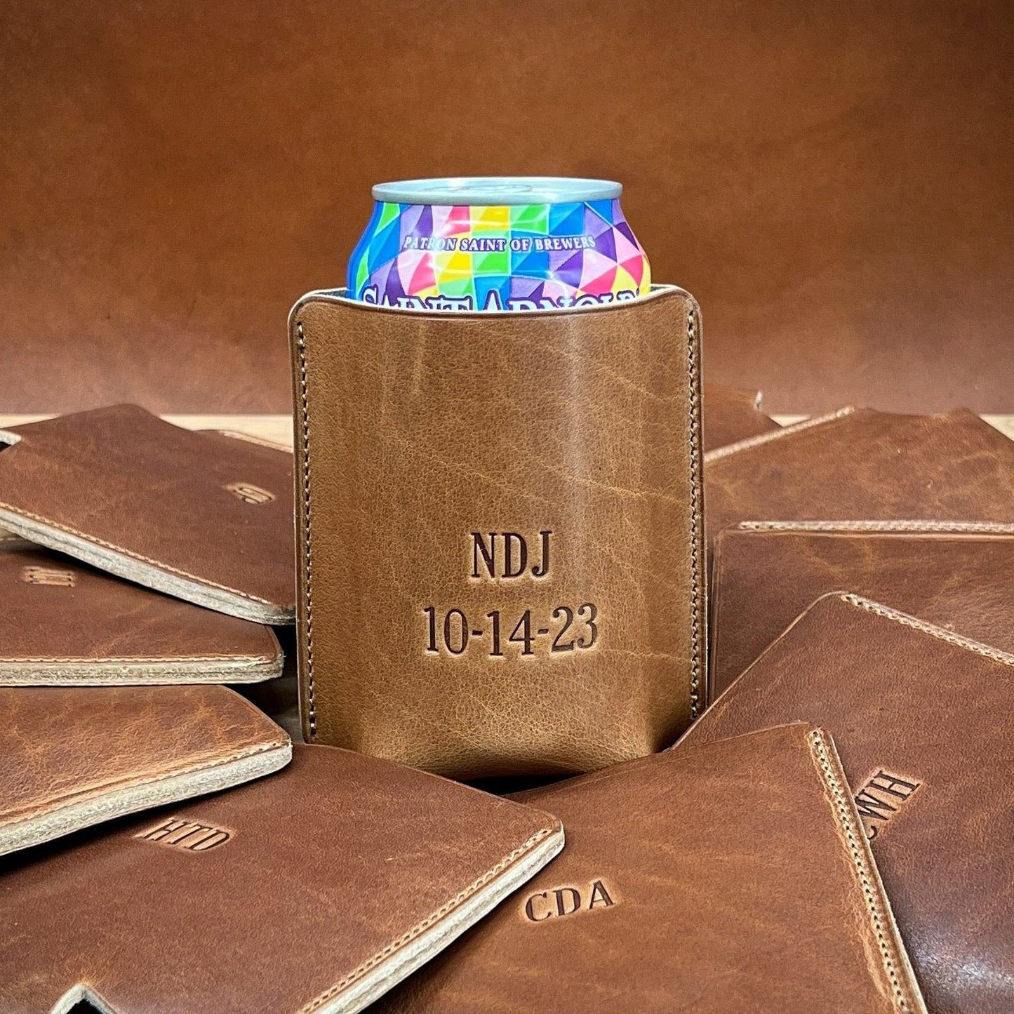 Wedding Koozie with monogram and date in Horween leather
