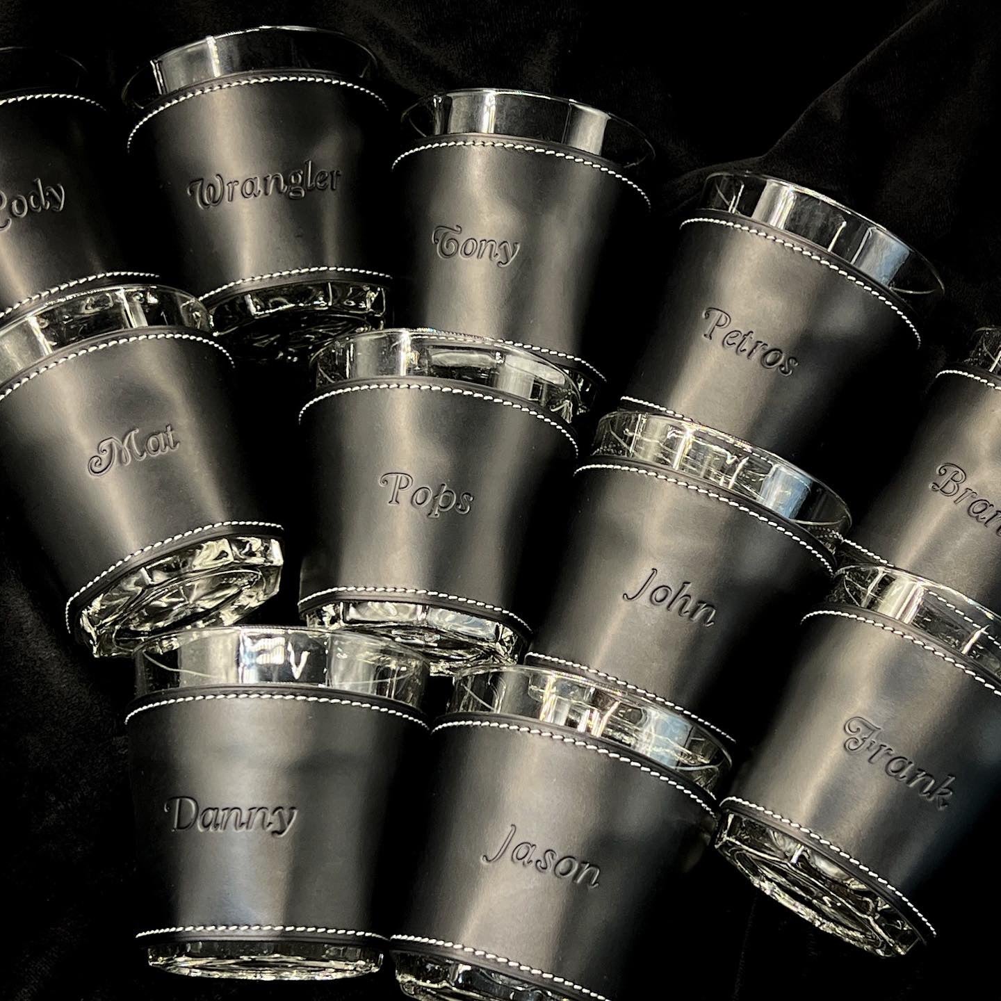 Black Leather Custom Whiskey Glasses for groomsmen