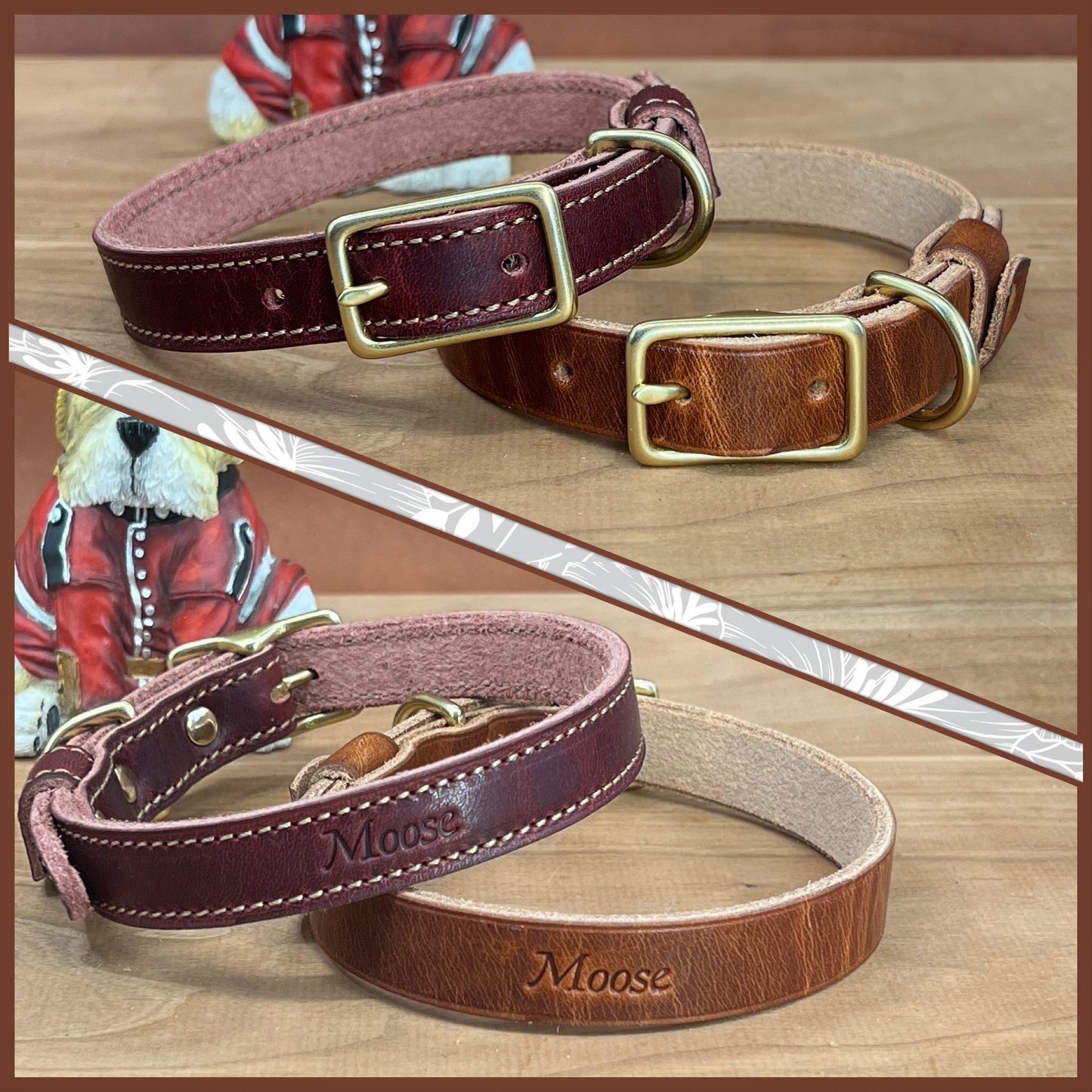Handmade Premium Dog Collar in Horween Leather in Russet Brown and Bourbon Horween Leathers with Brass Hardware.